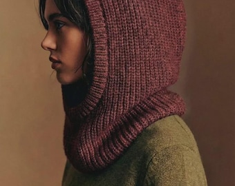 Balaclava Knitting Pattern Modern Hood Scarf Knit Instructions Winter Neck Warmer Half Fisherman Rib Brioche Stitch Digital Download