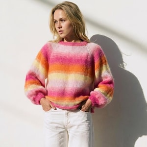 Mohair Sweater Knitting Pattern PDF Easy Colorful Pullover Top Down Raglan Balloon Sleeve Tutorial Beginner Friendly Digital Download