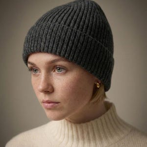 May include: A dark grey ribbed knit beanie hat. The hat has a folded brim and is made of a soft, warm material. The hat is worn by a person with fair skin, light eyes, and short blonde hair. The person is wearing a cream-coloured turtleneck sweater.