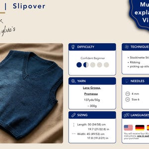 Puede incluir: Un jersey sin mangas de punto azul marino con cuello en V. La imagen incluye detalles sobre la lana, las agujas y el tallaje, con medidas en cent&iacute;metros. El texto dice "PURE | Slipover" y "by Sylvie's".