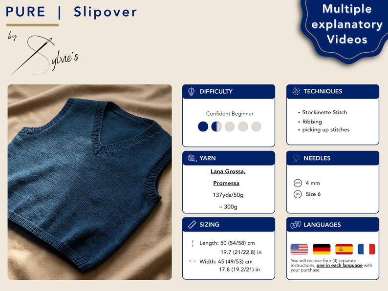 Puede incluir: Un jersey sin mangas de punto azul marino con cuello en V. La imagen incluye detalles sobre la lana, las agujas y el tallaje, con medidas en cent&iacute;metros. El texto dice "PURE | Slipover" y "by Sylvie's".
