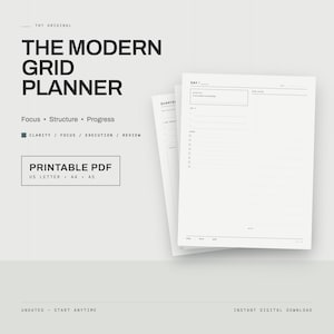 May include: A printable PDF planner titled The Modern Grid Planner with sections for focus, structure, and progress. The document includes a daily layout with a schedule, task list, and notes area. It is available in US Letter, A4, and A5 sizes.