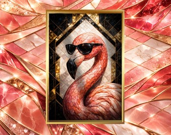 Mosaic Flamingo Art Print – Black Sunglasses, Art Deco Style (Digital Download)