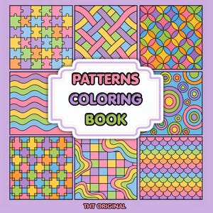 Könnte beinhalten: Ein quadratisches Malbuch-Cover mit hellviolettem Hintergrund, das acht verschiedene bunte geometrische Muster zeigt, darunter Puzzleteile, Wellen, Kreise und Schuppen. Das mittlere Etikett zeigt den Text PATTERNS COLORING BOOK.
