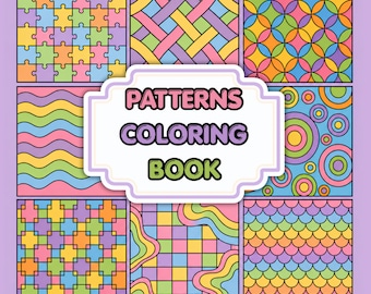 Puede incluir: Una portada de libro para colorear cuadrada con un fondo morado claro que presenta ocho patrones geométricos coloridos distintos, incluyendo piezas de rompecabezas, ondas, círculos y escamas. La etiqueta central muestra el texto PATTERNS COLORING BOOK.