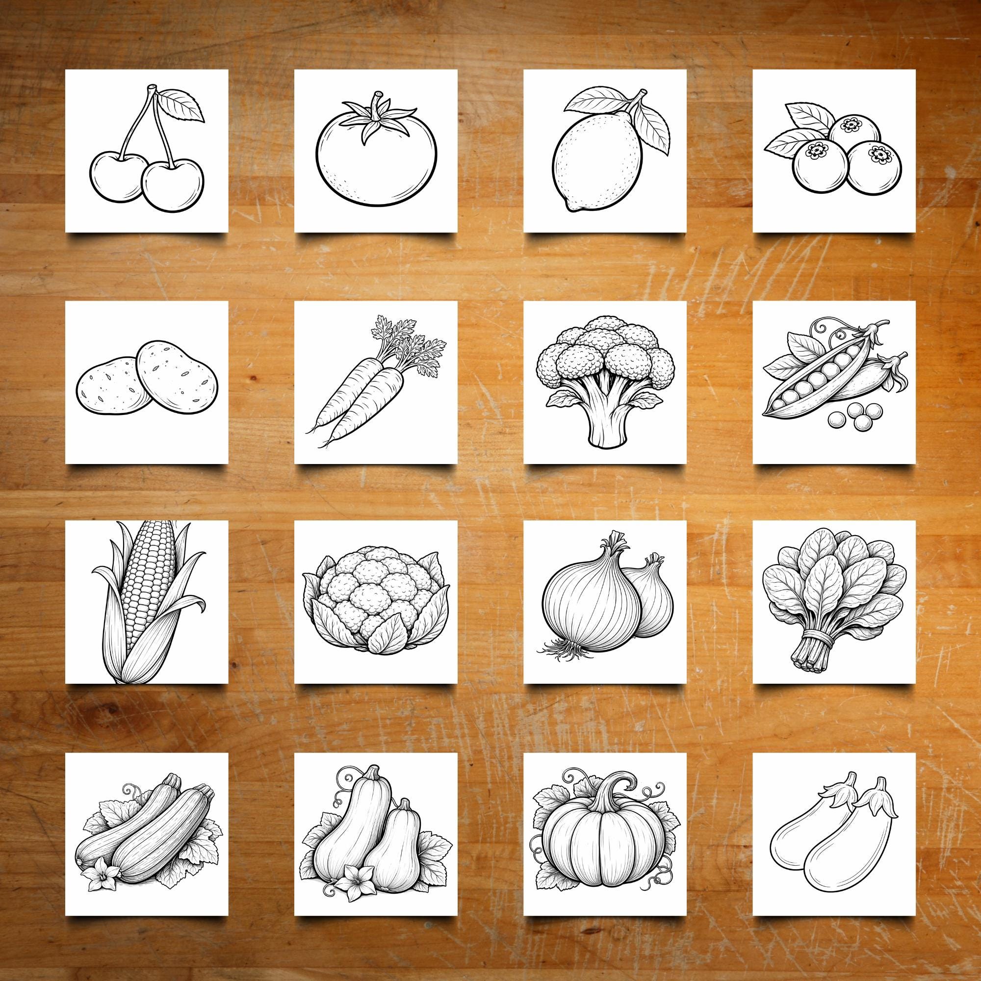 Fruits and Vegetables Coloring Book | Printable PDF | 50 Easy Coloring ...