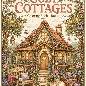 以下が含まれることがあります： 「Cozy Cottages」塗り絵シリーズの、居心地の良いコテージの詳細なイラスト。 ハート型のドアと窓があるコテージが特徴で、花、ベンチ、眠っている猫に囲まれています。「Relax, Color, Unwind」の文字も表示されています。