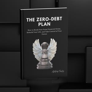 May include: A black book with the title "THE ZERO-DEBT PLAN" in white. The cover shows a clear glass pawn with white wings. The text below the title reads "How to Break Free From Financial Stress, Rebuild Your Life, and Take Control of Your Future."