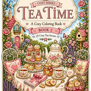 以下が含まれることがあります： 「Tea Time」というタイトルの塗り絵本の詳細なイラスト。表紙には、お菓子、お茶、花の装飾が施されたテーブルが置かれた、居心地の良いティーパーティーのシーンが描かれています。この本は「Cozy Series」の一部で、25のティーシーンが含まれています。