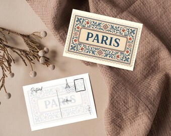 Carte postale imprimable de Paris – art numérique de voyage, illustration de timbre de la ville, téléchargement immédiat