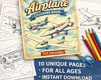 Może przedstawiać: Kolorowanka "Airplane Coloring Book" w stylu vintage z ilustracjami samolotów. Okładka przedstawia trzy samoloty w kolorach czerwonym, białym i niebieskim. Zawiera kolorowanki, kredki i nożyczki. Tekst brzmi "10 Unique Pages", "For All Ages" i "Instant Download".