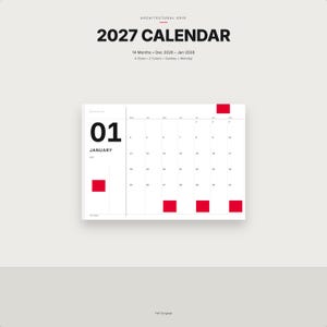 May include: A 2027 calendar with an architectural grid design. The text reads 2027 CALENDAR, 14 Months, Dec 2026 - Jan 2028, 4 Sizes, 2 Colors, Sunday, Monday. The page shows January with the number 01, featuring black text and red square accents.