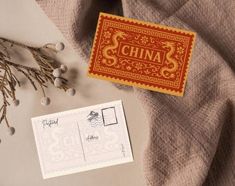 China Printable Postcard – Digital Travel Art, Stamp Illustration, Instant Download