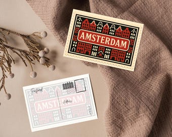 Amsterdam Digital Postcard – Printable Postcard Art, City Stamp Design, Instant Download