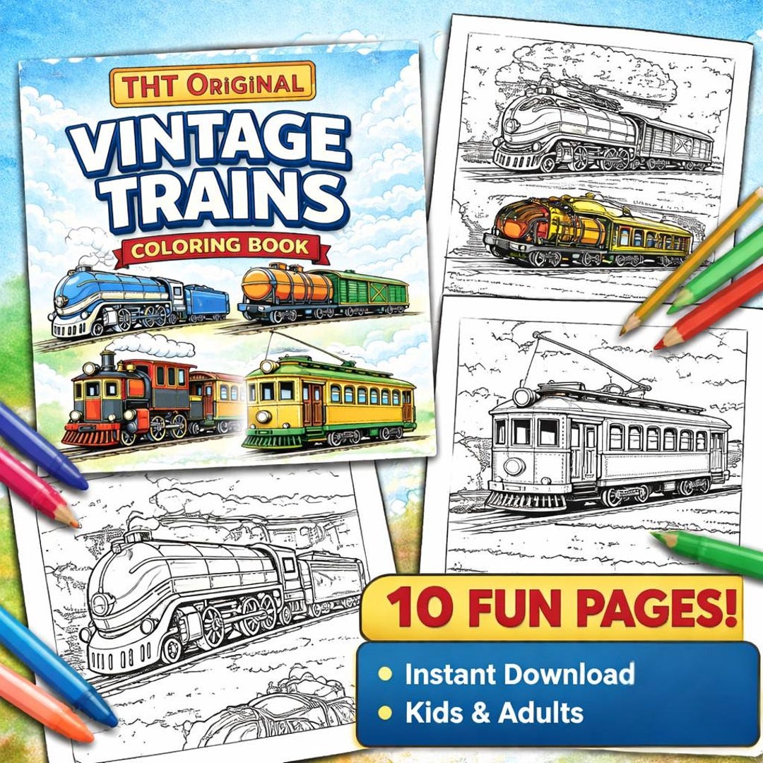 Vintage Trains Coloring Book | 10 Classic Railway Coloring Sheets (PDF ...