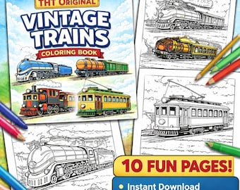 Vintage Trains Coloring Book | 10 Classic Railway coloring sheets (PDF Pattern)