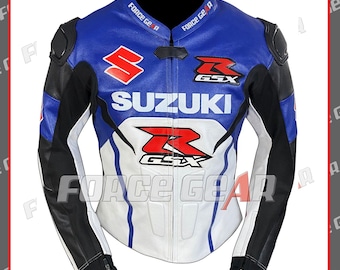 May include: Blue, white, and black motorcycle jacket with "SUZUKI" and "GSX" logos. The jacket has a stand-up collar, padded shoulders, and the text "FORCE GEAR".