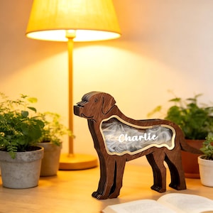 May include: A brown wooden dog-shaped keepsake box with the name "Charlie" displayed. The box has a gold-coloured trim around the clear centre. The dog is on a wooden surface, with a lamp and plants in the background.