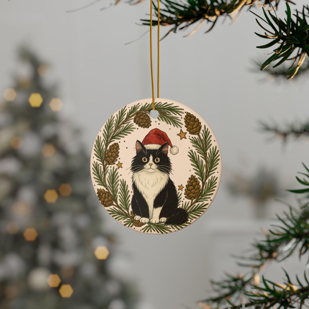 Black and White Tuxedo Cat Christmas Ornament Ceramic Ornament | 2 ...