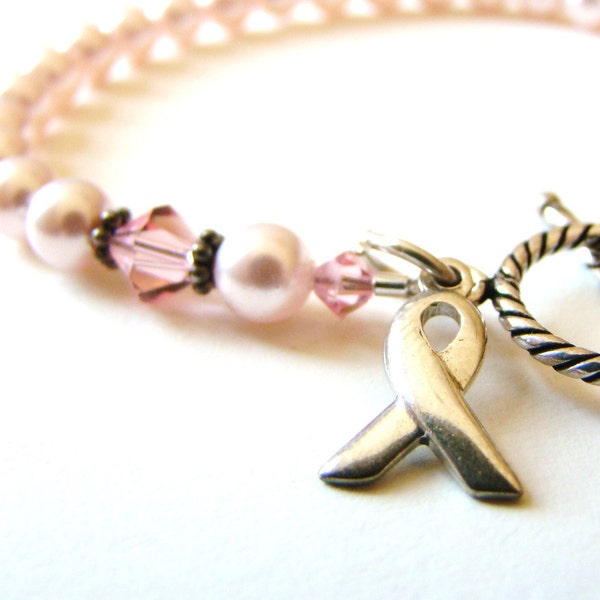 Breast Cancer Awareness Bracelet, Pink Swarovski Pearls and Sterling Silver by LillyandLulu