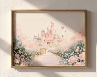 May include: A framed wall art print featuring a pink castle with multiple towers and spires, situated at the end of a path lined with blooming pink roses and lush greenery. The scene is rendered in a soft, light color palette with a golden frame.