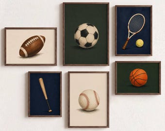 Juego de 6 láminas decorativas vintage para habitación infantil con motivos deportivos: béisbol, fútbol americano, fútbol, baloncesto y tenis. Decoración para habitación de niño. Imprimible.