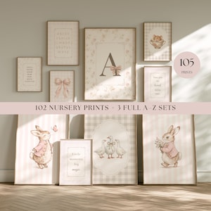 May include: A collection of nursery wall art prints featuring soft pink and beige tones, including illustrations of rabbits, geese, a mouse in a teacup, bows, alphabet charts, and inspirational text. The set includes 105 prints total.
