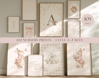 100+ Pink Nursery Wall Art Bundle – Vintage Cottagecore Baby Girl Room Decor – A-Z Printable Nursery Set