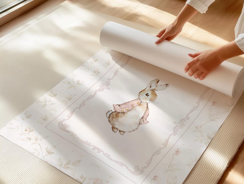 May include: A rolled-up white poster featuring a watercolor illustration of a brown and white rabbit wearing a pink jacket. The rabbit is centered within a decorative rectangular frame, surrounded by a subtle floral pattern on a white background.
