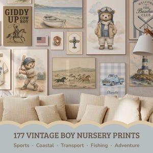 May include: A gallery wall display featuring multiple framed prints including a cowboy on horseback, a sailboat on a beach, a bear pilot, a baseball bear, a vintage truck, and a lighthouse. The text 177 VINTAGE BOY NURSERY PRINTS is visible.