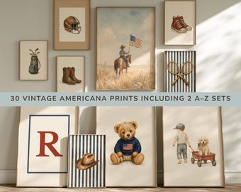 Americana Nursery Wall Art Set - 30 Vintage Preppy Boy Prints - Patriotic Sports Transport Gallery Wall Bundle