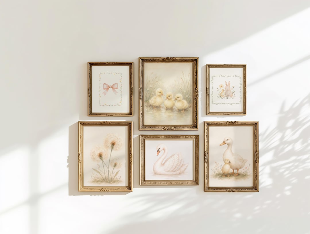 Duck Nursery Wall Art Set of 6, Swan Bunny Prints, Neutral Vintage Baby ...