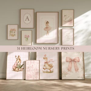 Heirloom Nursery Wall Art Set – 31 Blush Pink Baby Girl Prints – Vintage Cottagecore Nursery Decor