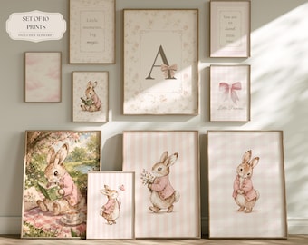 Juego de 10 láminas decorativas vintage para la habitación del bebé con diseño de conejitos, incluye el alfabeto, decoración rosa para la habitación del bebé, estampados florales de cuentos infantiles.