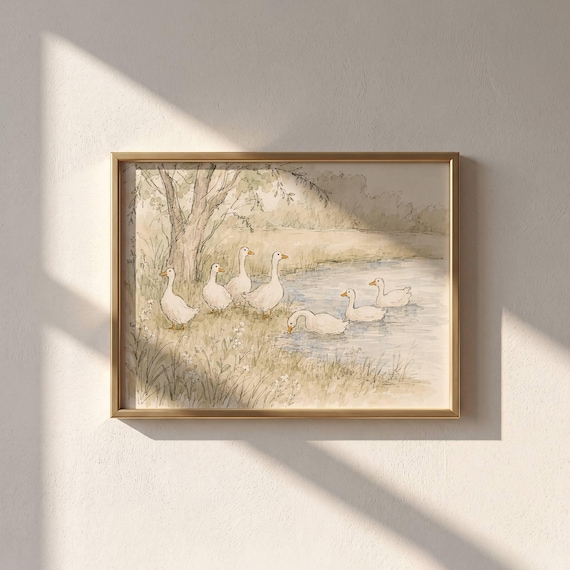 Vintage Goose Print - Antique Duck Pond Wall Art - Neutral Nursery Decor - Watercolor Animal Print - Instant Download