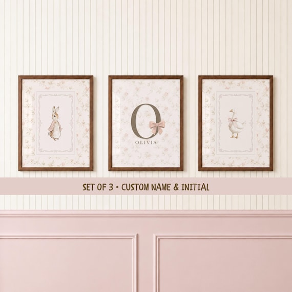 Personalized Nursery Wall Art Set of 3, Bunny and Goose Prints, Custom Name Initial, Vintage Baby Room Decor