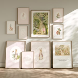 May include: A gallery wall set of ten framed prints featuring Peter Rabbit illustrations. The collection includes various scenes of rabbits in gardens, soft pink and checkered backgrounds, and text excerpts from The Tale of Peter Rabbit.