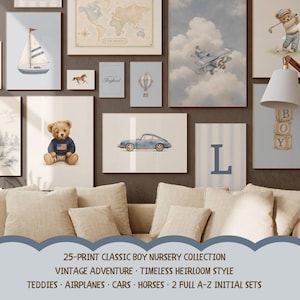 Baby Boy Nursery Wall Art Set of 25, Vintage Teddy Bear Prints, Preppy Airplane and Sports Nursery Decor