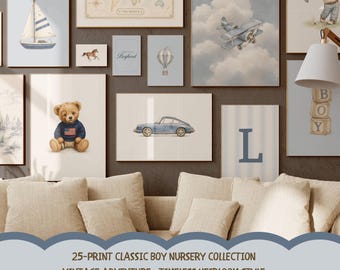 Baby Boy Nursery Wall Art Set of 25, Vintage Teddy Bear Prints, Preppy Airplane and Sports Nursery Decor
