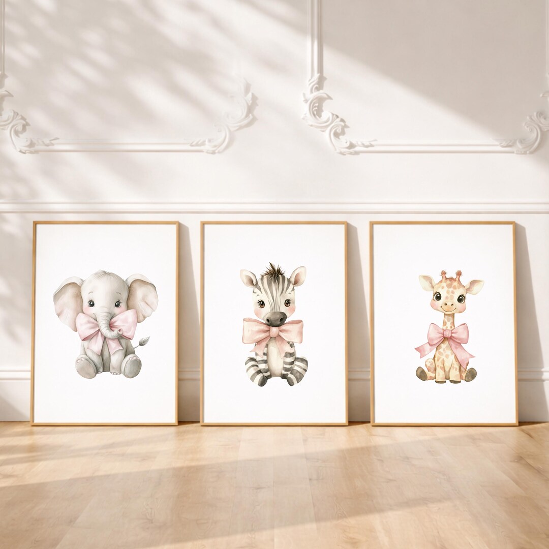 Set of 3 Digital Nursery Wall Art – Baby Safari Animal Prints With Pink ...
