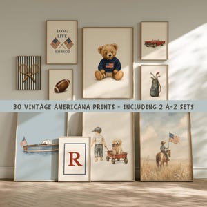 May include: A collection of 30 vintage Americana prints featuring illustrations of a teddy bear in a flag sweater, a red convertible, a football, tennis rackets, a boat, a child with a dog in a wagon, and a person on horseback with a flag.