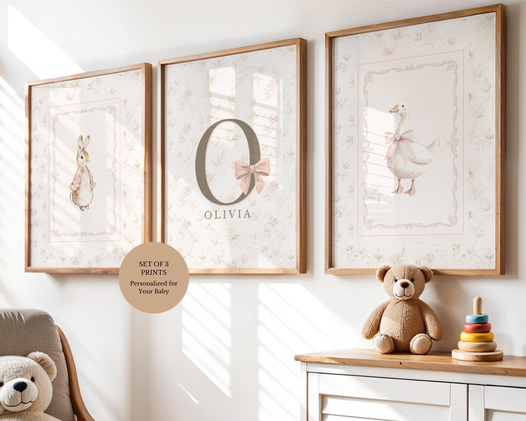 Personalized Nursery Wall Art Set of 3, Bunny and Goose Prints, Custom ...