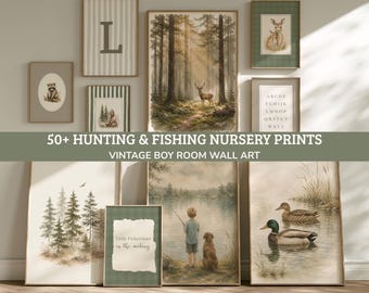 50+ Fishing Hunting Nursery Prints, Vintage Boy Nursery Wall Art, Woodland Room Decor, Printable