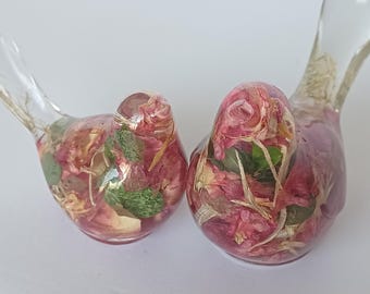 Two Resin Birds with Real Flowers, Floral Home Decor, Memorial Flower Keepsake, Wedding Flower Preservation, Botanical Art Gift
