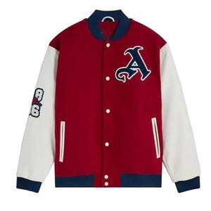 May include: A red varsity jacket with white sleeves. The jacket features a large navy blue letter "A" on the chest and the number "86" on the left sleeve. The collar and cuffs are navy blue.