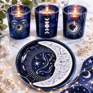Celestial Moon Trinket Dish | Navy Astrology Jewellery Tray | Gothic Home Décor