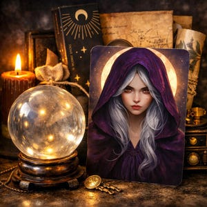 May include: A mystical scene featuring a glowing crystal ball on a wooden stand, a lit candle, and a tarot card with a woman in a purple hooded cloak. Incense sticks and aged scrolls add to the magical ambiance. A gold coin and key are in the foreground.