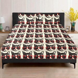 Retro Cat Duvet Cover Set Black Red Sunglasses Kitty Bedding 3 Piece