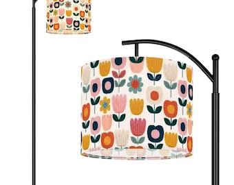Retro Floral Arc Floor Lamp, Colorful Folk Art Flower Lampshade, Boho Home Decor
