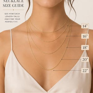 May include: A necklace size guide featuring five gold chains of varying lengths labelled 14, 16, 18, 20, and 22 inches. The text reads NECKLACE SIZE GUIDE, SEE HOW EACH LENGTH FALLS AND FIND YOUR PERFECT FIT, and MEASURING TIP: MEASURE A STRING OR CHAIN.